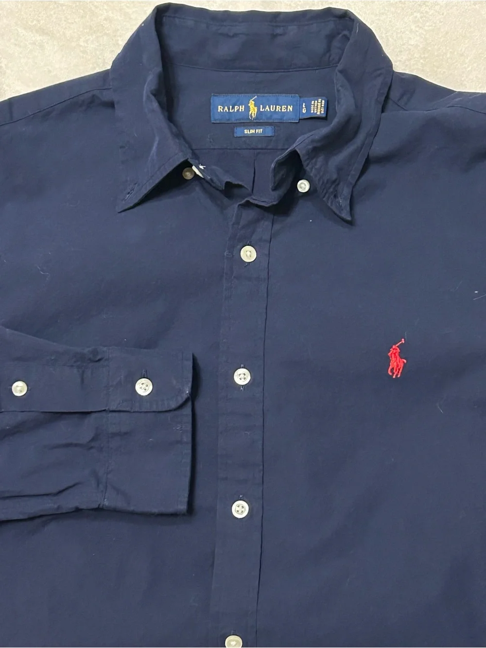 Polo Ralph Lauren Men's Large Slim Fit Navy Blue Button Down Shirt Red Pony L